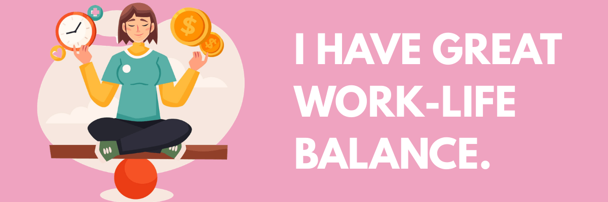 An illustration of a woman meditating while balancing a clock and coins, symbolizing strong work-life balance and managing both time and finances with ease.