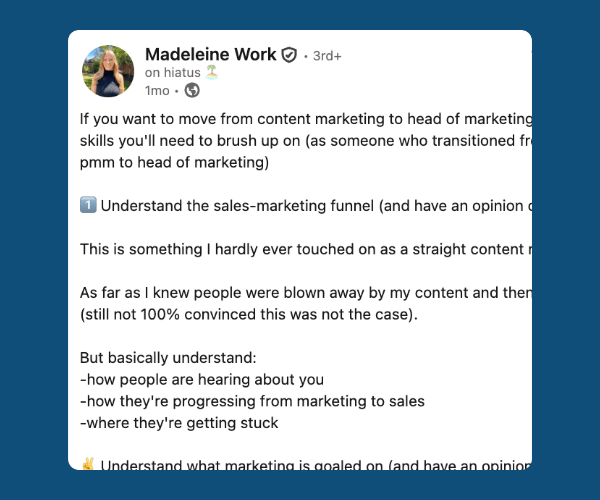 A screenshot of a LinkedIn post discussing the skills needed to transition from content marketing into a head of marketing role, highlighting the importance of understanding the sales-marketing funnel and how leads move from awareness to sales.
