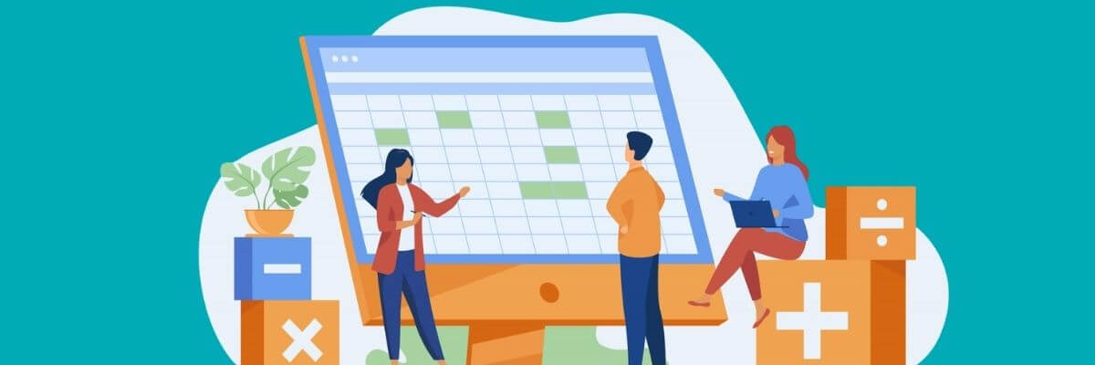 Three people collaborate around a giant wall calendar, pointing to dates and discussing plans. Boxes, plants, and soft shapes in the background create a structured but busy workspace feel.