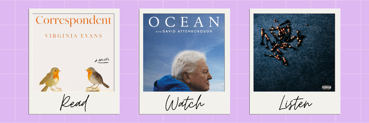 Three framed tiles show a book cover, an ocean documentary with David Attenborough, and an album cover labeled “Read,” “Watch,” and “Listen.” A light purple grid background ties the recommendations together visually.