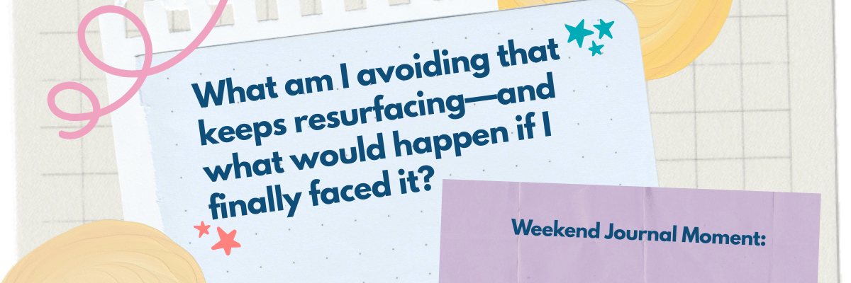 A journal-style graphic asks, “What am I avoiding that keeps resurfacing—and what would happen if I finally faced it?” Soft pastel shapes, stars, and a paper-texture background create a reflective, calm mood.