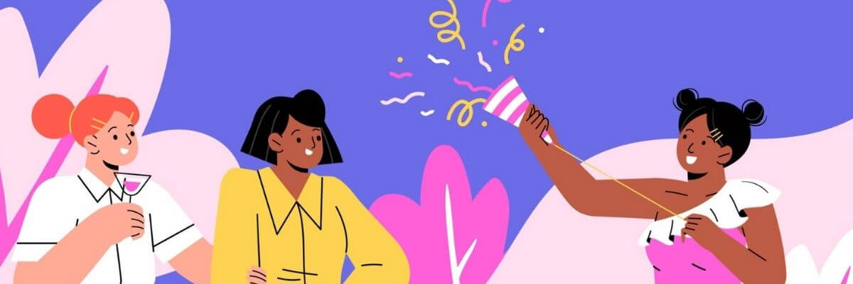 Three women celebrate with drinks and confetti flying through the air. Pink and purple abstract shapes in the background give the scene a festive, upbeat mood.
