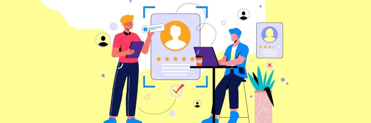 Two people review a large digital profile card with star ratings and check marks. Soft yellow and white background shapes keep the focus on feedback and evaluation.