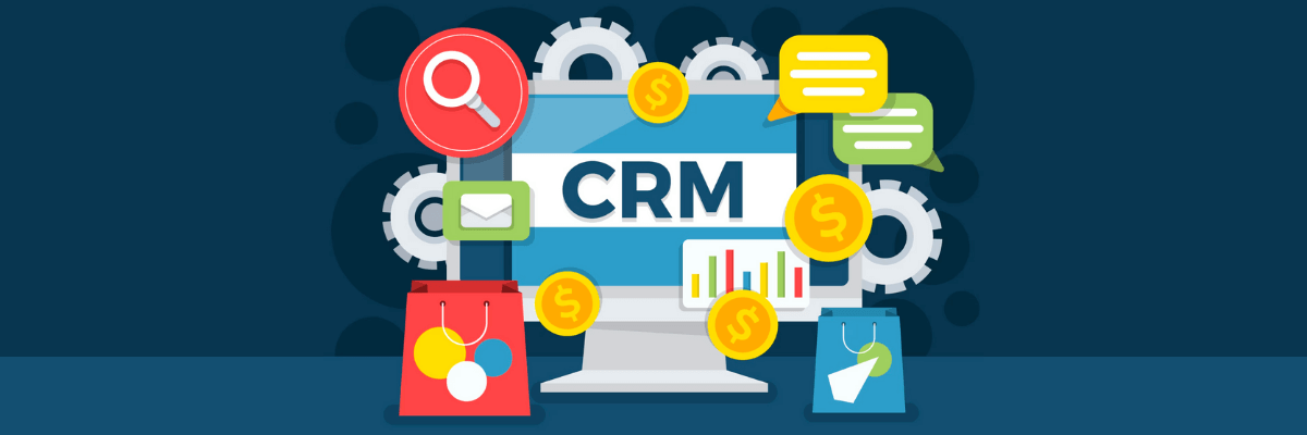 Illustration of a computer screen labeled CRM surrounded by gears, coins, charts, and message icons. Shopping bags and email symbols suggest sales, marketing, and customer communication all connected through one system.