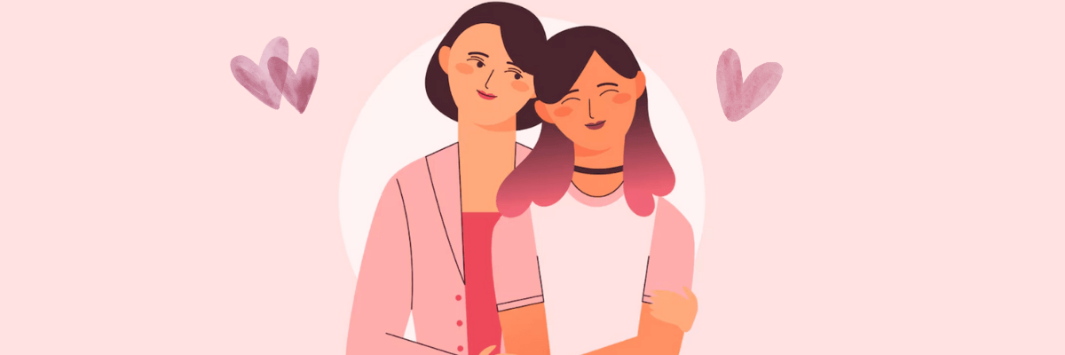 Illustration of two women standing close together with one gently hugging the other, surrounded by soft pink tones and small heart shapes. The image conveys warmth, support, and closeness in a calm, friendly style.