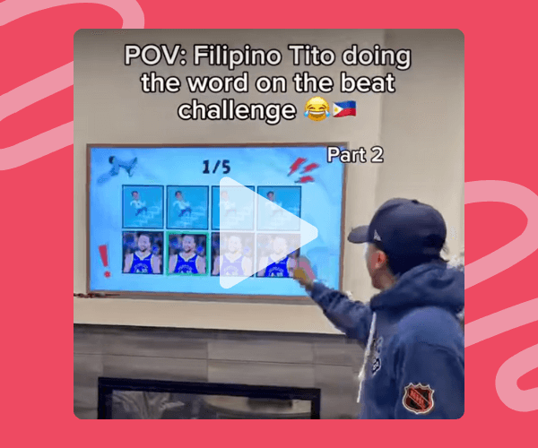 A man in a hoodie points at a TV screen showing a word game with athlete photos and score icons. On-screen text reads, “POV: Filipino Tito doing the word on the beat challenge – Part 2.”