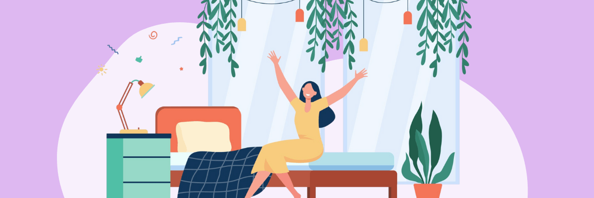 An illustration of a woman sitting on the edge of her bed with her arms stretched up in a big morning stretch, sunlight streaming through tall windows behind her. The room has hanging plants, a bedside table with a lamp, a neatly made bed with a dark blue blanket, and a potted plant in the corner, giving it a calm, cozy vibe.