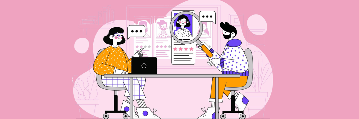 An illustration of two people sitting across from each other at a desk, reviewing a candidate profile on a large screen behind them. One person is pointing while the other holds a large magnifying glass over a profile photo with star ratings and text, suggesting they’re evaluating or interviewing a potential hire, with chat bubbles and profile cards in the background.