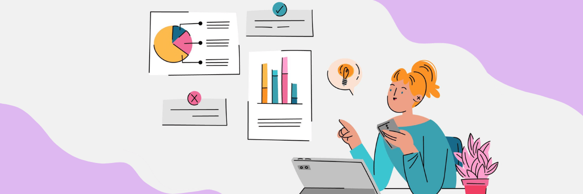 Illustration of a woman reviewing charts and graphs on a wall while holding her phone, with a lightbulb icon suggesting an idea or insight as she analyzes data.