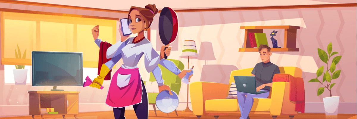 An illustration of a woman multitasking at home while cooking, cleaning, and taking a phone call, while another person relaxes on the couch working on a laptop.