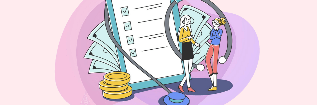 An illustration shows coins, a checklist, and a stethoscope wrapped around paperwork and a tablet. Two people stand beside it, talking as if reviewing financial or health-related tasks.