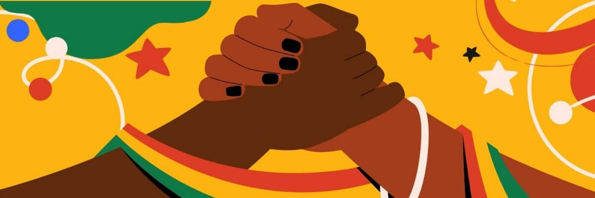 Two clasped hands raised together in solidarity are centered against a bright yellow background with stars and circles. The bold colors and shapes create a celebratory, empowering feel.