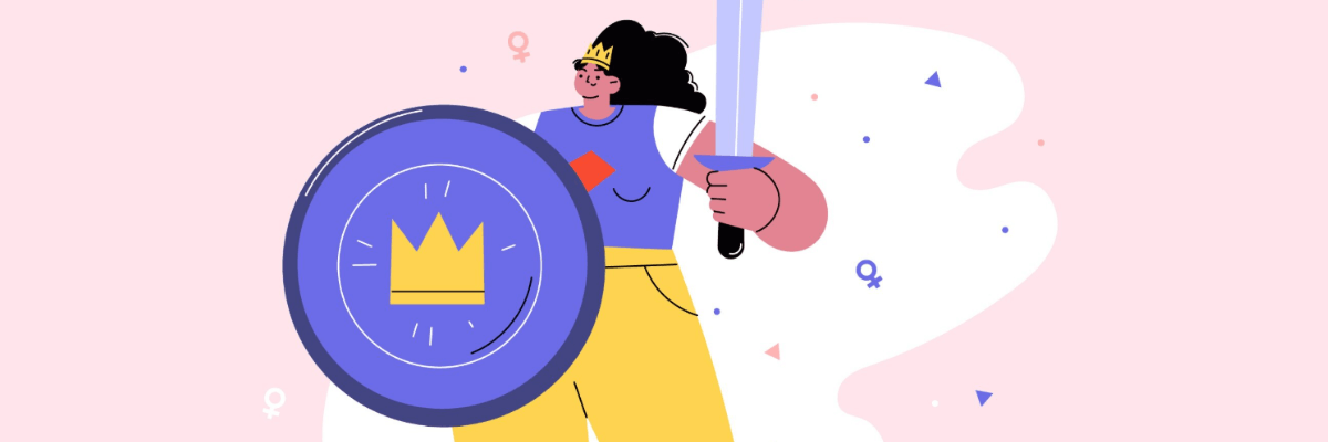 Illustration of a woman holding a sword and shield with a crown emblem, standing confidently against a soft abstract background. Small female symbols and confetti shapes float around her, emphasizing empowerment and protection.