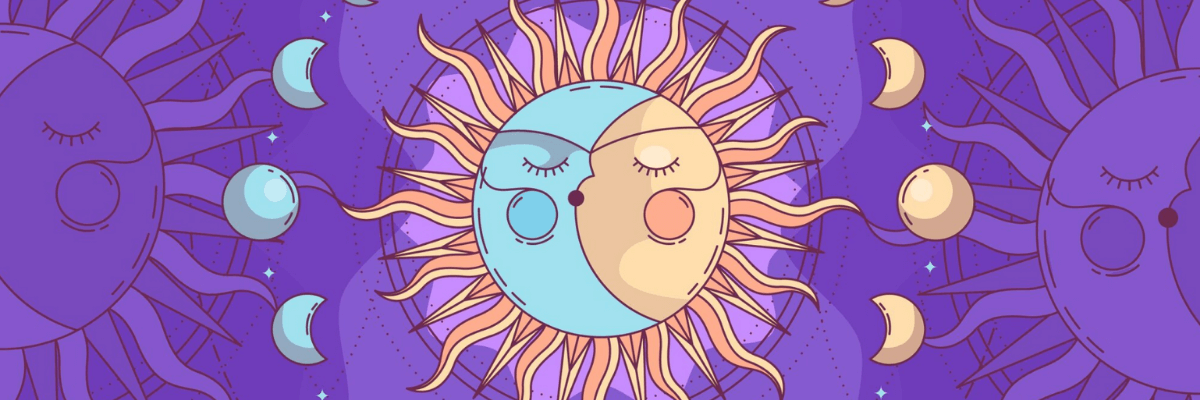 Illustration of a stylized sun and moon merged into one face at the center, eyes closed in calm symmetry. Surrounding phases of the moon and celestial patterns sit against a purple night sky, creating a dreamy, cosmic backdrop.