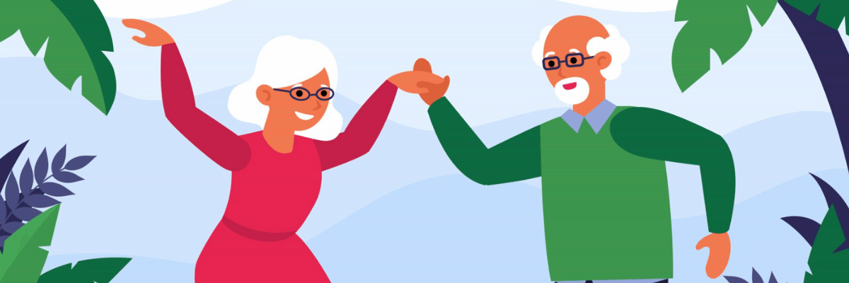 An illustrated older couple with white hair and glasses hold hands mid-dance, smiling at each other outdoors. Surrounded by leafy greenery, they look joyful and carefree, celebrating love and movement later in life.