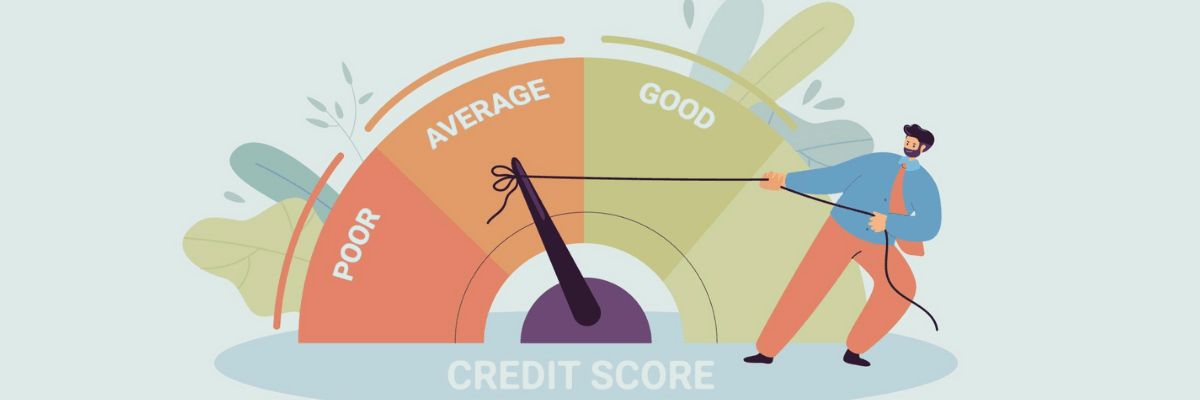 Illustration of a large credit score gauge labeled “Poor,” “Average,” and “Good,” with the needle being pulled toward the “Good” section by a man holding a rope. The words “Credit Score” appear at the bottom, suggesting an effort to improve financial health.
