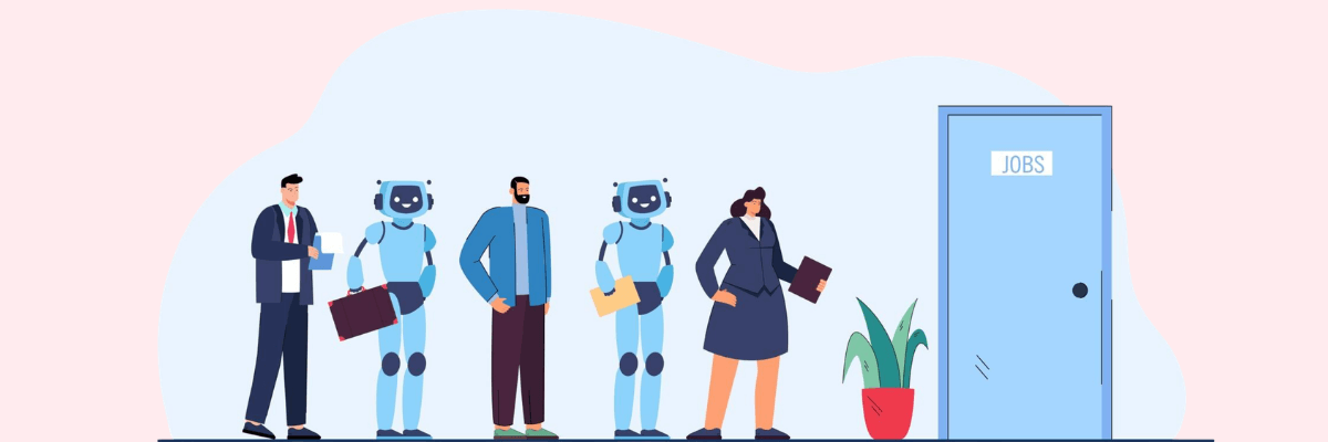 An illustration of job applicants, including humans and robots, standing in line outside a door labeled “Jobs,” each holding resumes or folders as they wait their turn. The image highlights the evolving workplace and the mix of human and AI talent entering today’s job market.