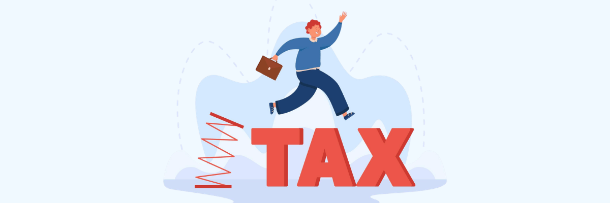 An illustration of a professional jumping over large “TAX” letters while holding a briefcase, symbolizing navigating taxes, financial planning, or overcoming tax-related stress. The image represents confidence and relief in managing financial responsibilities.