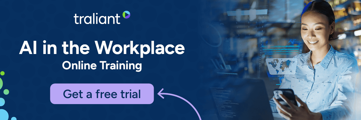A promotional banner for an AI workplace training by Traliant with a “Get a free trial” button. On the right, a woman smiles while looking at her phone with futuristic digital overlays in a modern office setting.