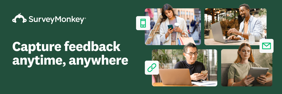 Promotional graphic for SurveyMonkey with the headline “Capture feedback anytime, anywhere,” featuring several people using phones, tablets, and laptops to respond to surveys.