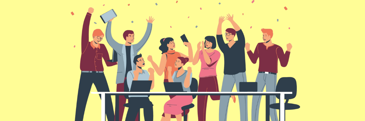 Illustration of a team gathered around a desk celebrating together, cheering with raised hands and confetti as they mark a shared workplace win.