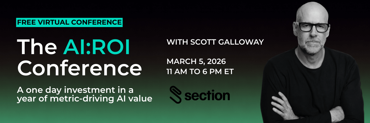 Promotional banner for a free virtual conference titled The AI:ROI Conference, featuring speaker Scott Galloway, event date and time details, and messaging about driving metric-based AI value.