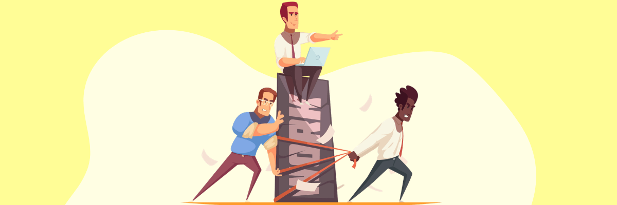 Illustration of two employees struggling to pull down a tall stack of paperwork while a manager sits on top working on a laptop, symbolizing workplace pressure or imbalance in workload.