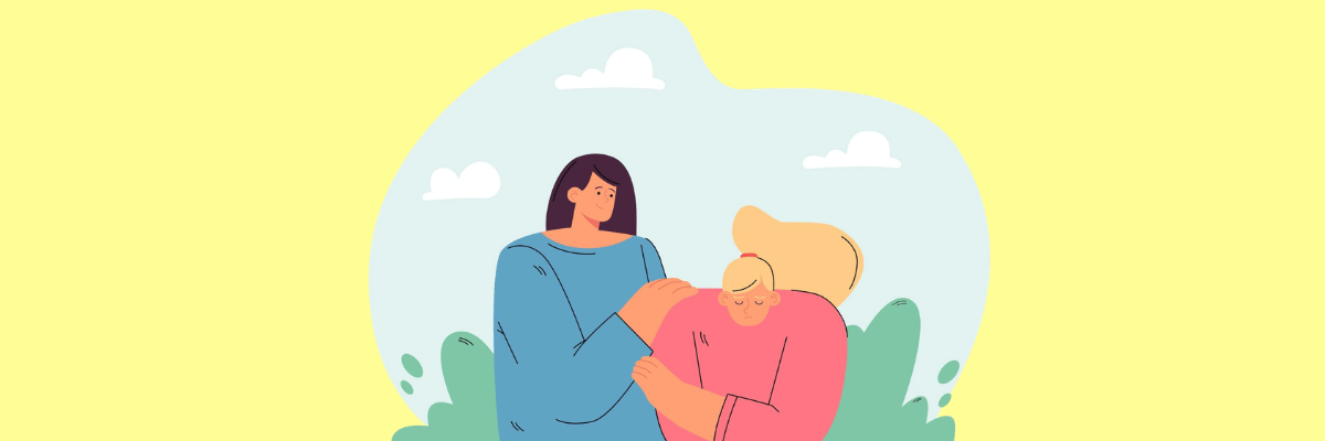 Illustration of two women, one comforting the other with a supportive hand on her shoulder, suggesting empathy, support, or helping someone through a difficult moment.