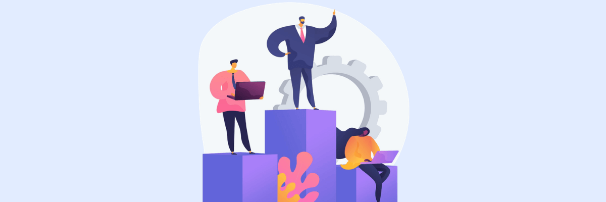 Illustration of professionals standing on podium blocks while working on laptops, with one person elevated and pointing forward, symbolizing leadership, growth, and team success.