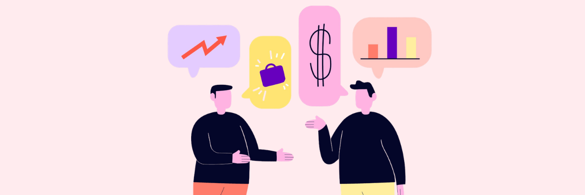 Illustration of two people discussing business topics, with icons above them showing an upward trend arrow, a briefcase, a dollar sign, and a bar chart—suggesting conversation about growth, work, and finances.