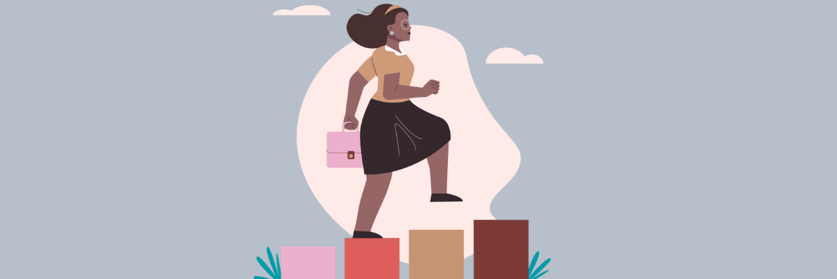 Illustration of a professional woman stepping upward across blocks while carrying a briefcase, symbolizing career growth, progress, or climbing the professional ladder.