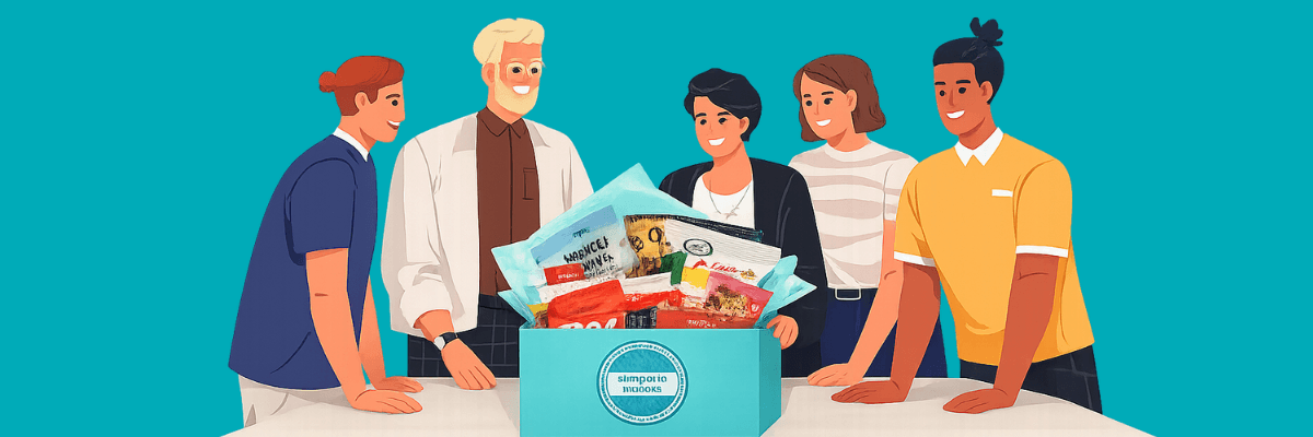 An illustrated group of five people gathered around a box filled with books or packaged items on a table. They appear engaged and collaborative, set against a simple teal background.