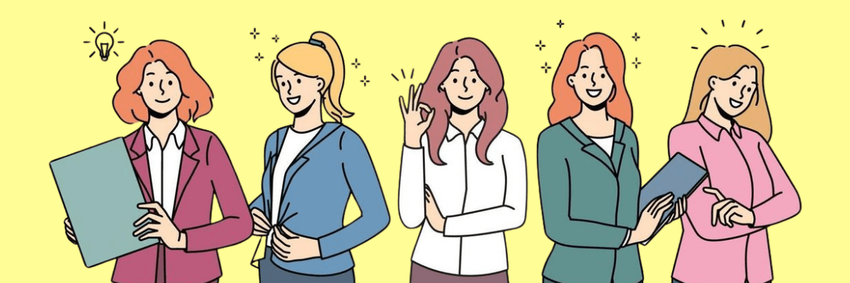 A colorful illustration of five professional women standing side by side, each holding folders or devices. The yellow background and lightbulb icons suggest ideas, productivity, and workplace confidence.