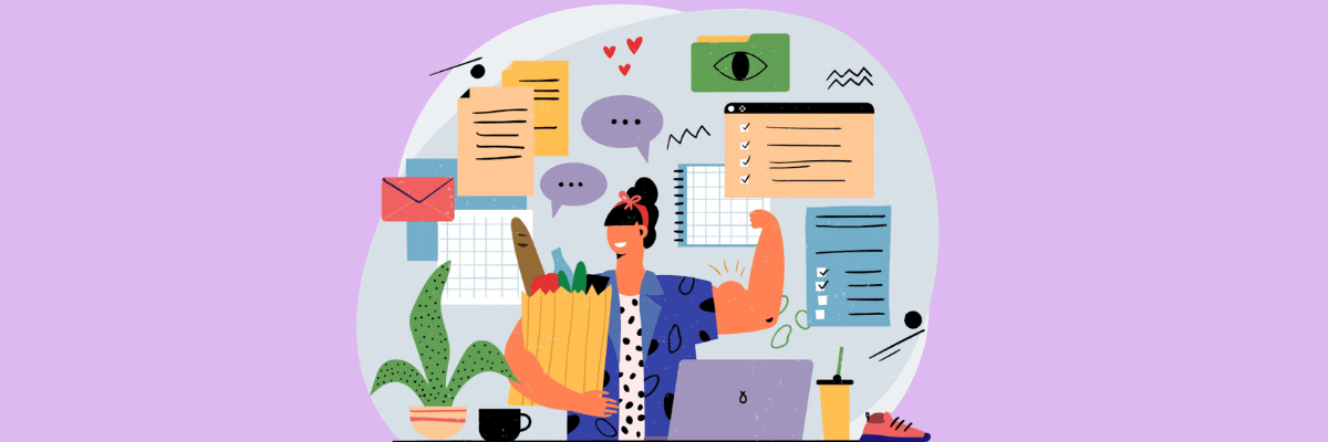 Illustration of a woman sitting at a desk with a laptop while holding a bag of groceries, surrounded by floating notes, checklists, and message icons. The scene shows her juggling tasks and responsibilities, with visual elements representing productivity, communication, and daily to-dos.