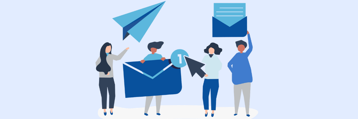 Illustration of four people interacting with oversized email icons, including envelopes, a paper airplane, and a cursor click symbol on a light blue background. The scene represents digital communication, with the group appearing to send, receive, and manage messages together.
