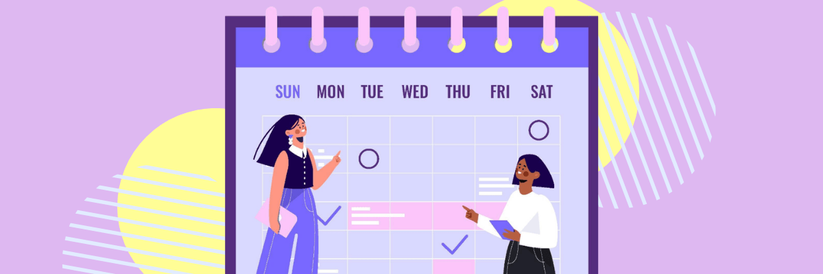 An illustrated weekly calendar with two women pointing at different days and tasks. The pastel purple background and checkmarks emphasize planning, scheduling, and organization.