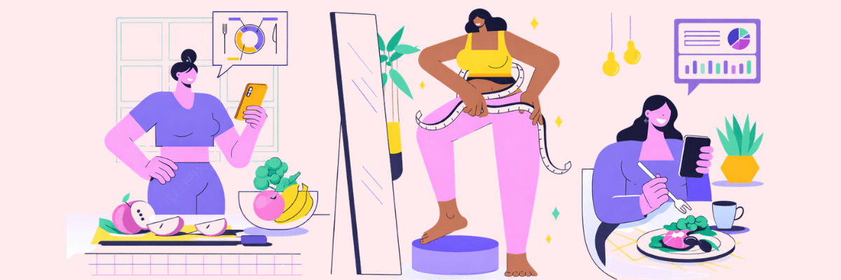 A colorful illustration shows three women engaging in healthy habits like preparing food, measuring progress, and eating mindfully. The soft pastel background and icons suggest wellness, nutrition, and lifestyle balance.