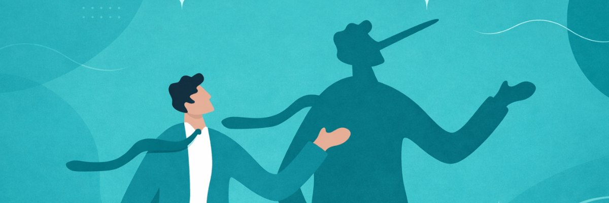 An illustration of a man gesturing toward a shadow figure shaped like a puppet master behind him. The teal background and abstract shapes symbolize influence, control, or unseen forces in decision-making.