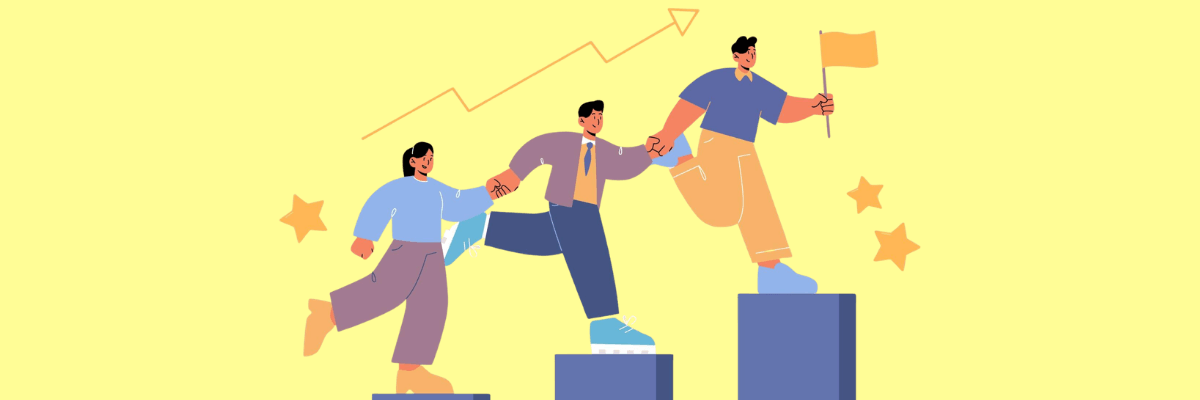 An illustration of three people stepping upward together on blocks, with one holding a flag at the top. The light yellow background and upward arrow emphasize growth, teamwork, and progress.