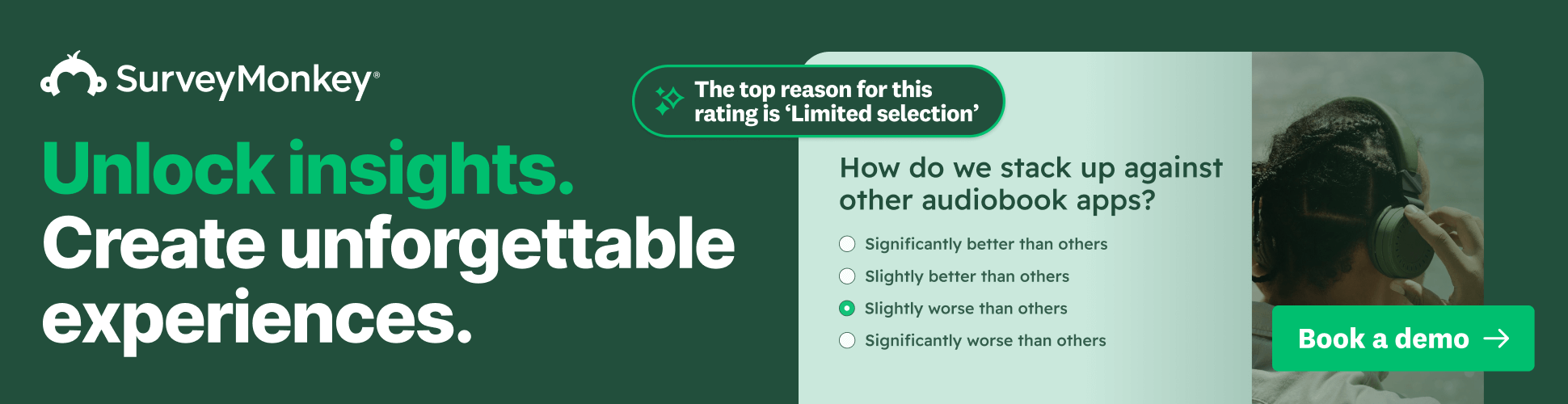 SurveyMonkey promotional banner with the headline “Unlock insights. Create unforgettable experiences,” featuring a sample survey question comparing audiobook apps and a “Book a demo” call-to-action.