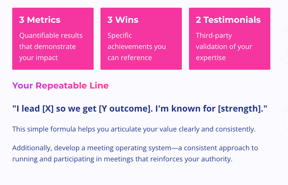 A slide-style graphic with bold pink boxes highlighting “3 Metrics,” “3 Wins,” and “2 Testimonials” as key career points. Below, a formula-style sentence explains how to clearly communicate your value in professional settings.