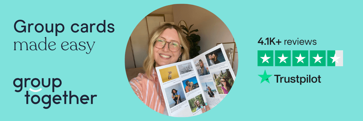 Promotional graphic for GroupTogether showing a smiling woman holding a printed group card, with text that reads “Group cards made easy,” along with “4.1K+ reviews” and a five-star Trustpilot rating.
