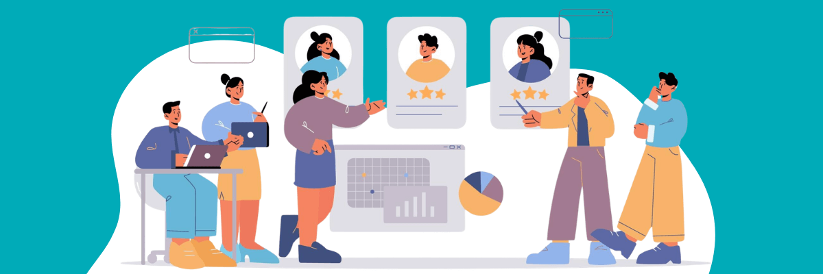 Illustration of a team reviewing candidate profiles with star ratings on a screen, discussing analytics and charts together, suggesting hiring decisions or performance evaluations.