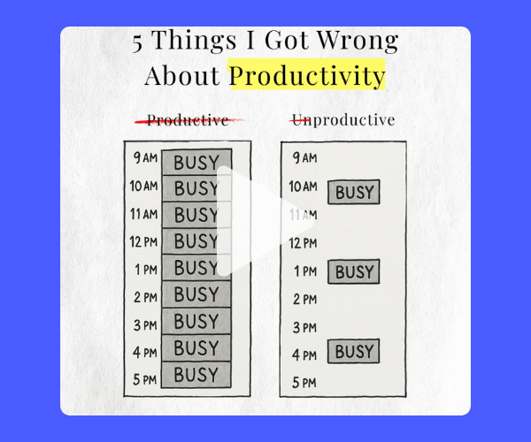 Video thumbnail showing a handwritten-style graphic titled “5 Things I Got Wrong About Productivity,” comparing a fully packed “productive” schedule with a more balanced schedule featuring fewer busy blocks.