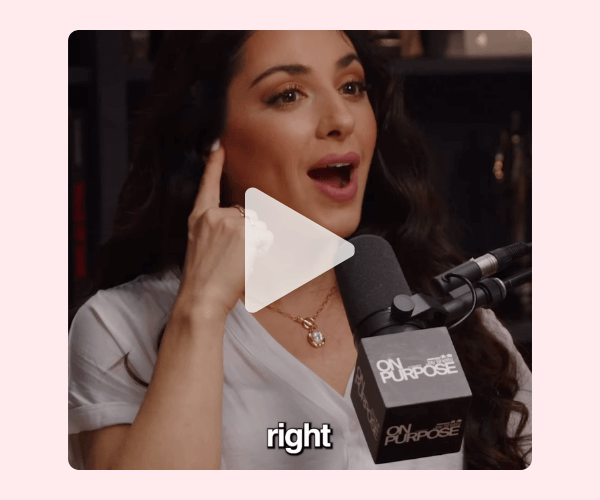 Woman speaking into a podcast microphone, gesturing toward her ear mid-conversation, with on-screen caption reading “right.”