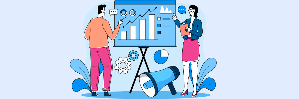 Illustration of two coworkers discussing a presentation with charts and graphs on a board, with icons like gears and a megaphone suggesting strategy, communication, and business growth.