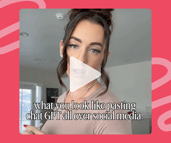 Video still of a woman looking at the camera in a casual indoor setting, with on-screen text that reads: “what you look like pasting ChatGPT all over social media.”
