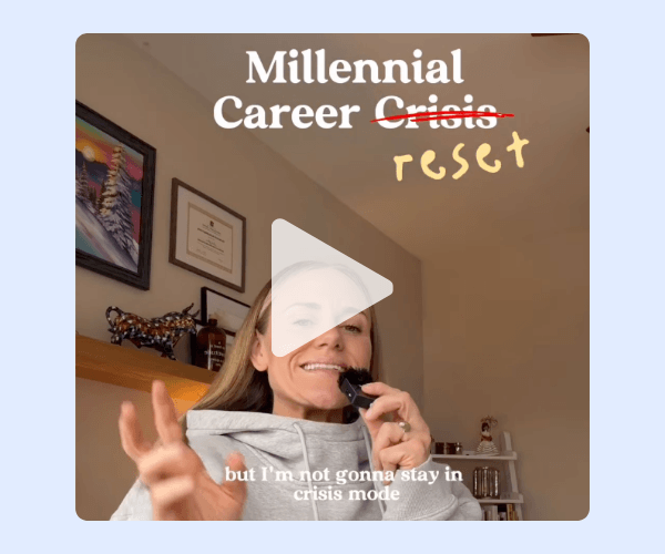 Video still of a woman speaking into a small microphone at home, with on-screen text that reads “Millennial Career Crisis” crossed out and replaced with “reset,” and a caption that says, “but I’m not gonna stay in crisis mode.”