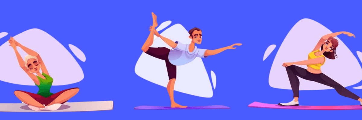 Illustration of three people doing different yoga and stretching poses on exercise mats, representing fitness, wellness, and mindful movement.