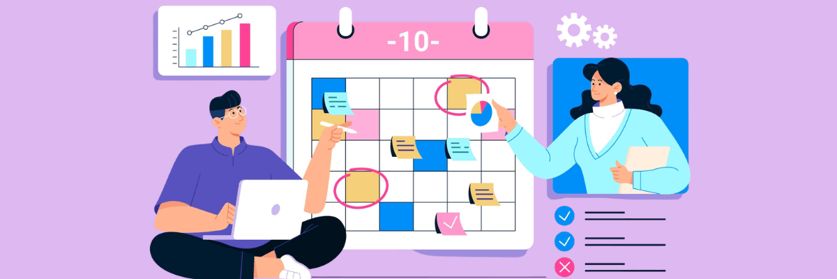 Illustration of two coworkers planning tasks on a large calendar board with sticky notes, charts, and checkmarks, suggesting project planning, scheduling, and team collaboration.
